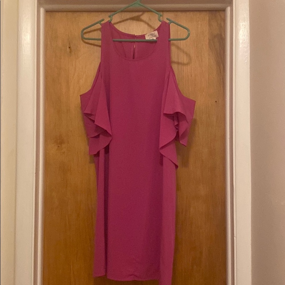 Pink open shoulder dress with ruffle sleeve